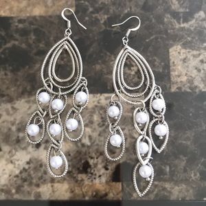 2/$8 Silver Chandelier Earrings with White Pearls